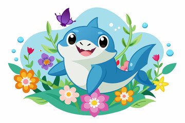 Fototapeta premium Charming shark cartoon adorned with vibrant flowers swims gracefully through the water.