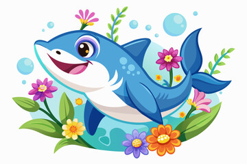 Fototapeta na wymiar Charming cartoon shark with colorful flowers adorns its head.