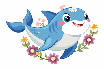 A charming cartoon shark wears flower headbands and smiles happily.