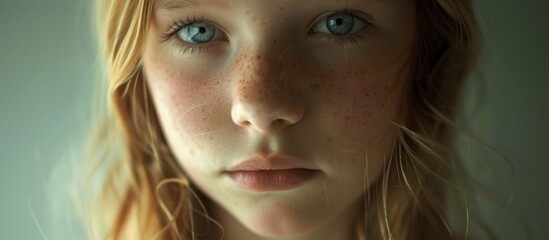 A detailed view of a young girl's face showing her natural freckles and youthful features - obrazy, fototapety, plakaty