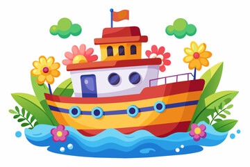 Fototapeta na wymiar Ship cartoon charming with flowers on a white background.
