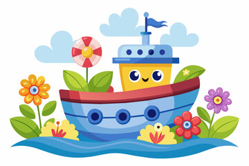 Ship cartoon charming with flowers on a white background.