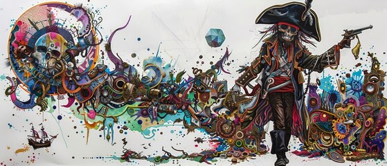 A white background emphasizes the detail of ornate inked colored paper art, featuring a pirate surrounded by futuristic, scifi elements, 