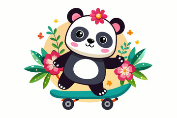 Naklejka premium A charming cartoon panda is skateboarding down a road adorned with flowers.