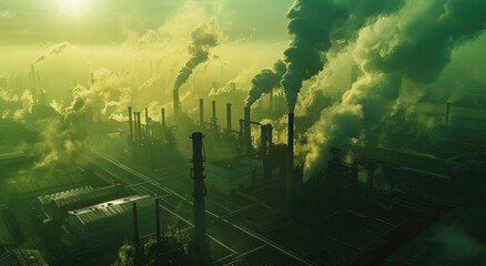 A wide shot of air pollution, with industrial chimneys emitting smoke and fog into the sky,...