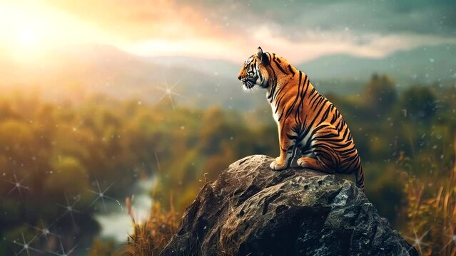 River's Guardian: Majestic Tiger in a Breathtaking Wildlife Setting. Seamless looping time-lapse virtual 4k video animation background