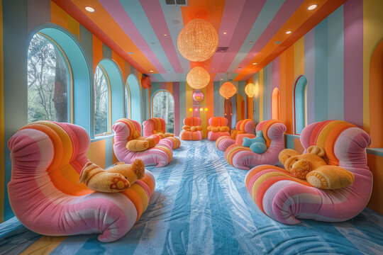 A colorful and fun dreamy room with large plush chairs in the center of it, with pastel striped walls and ceiling lights, a blue carpet on floor, large windows with arches. Created with Ai