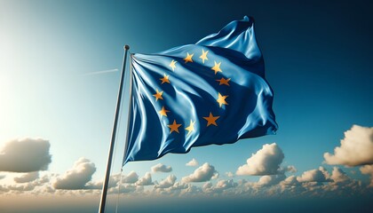 Europe day background with a european union flag on flagpole. - obrazy, fototapety, plakaty