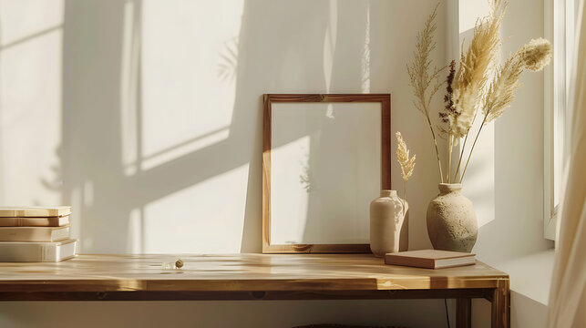 Vertical wooden picture frame, poster mockup in corner. Wooden table, desk. Modern organic shaped vase. Dried flowers, grass. Old books on the windowsill.
