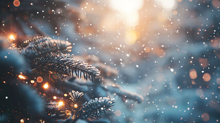 A winter Christmas background sets the stage with gently falling snow and a beautiful blurred bokeh effect, creating a magical and festive atmosphere. - obrazy, fototapety, plakaty
