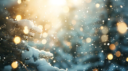 A winter Christmas background sets the stage with gently falling snow and a beautiful blurred bokeh effect, creating a magical and festive atmosphere. - obrazy, fototapety, plakaty