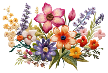PNG Bouquet in embroidery style needlework pattern flower