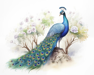 Peacocks are the largest of the pheasant family. Males have long, colorful tail feathers. When spread out to show off the female gender, it is very beautiful. Watercolor painting.