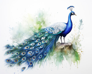 Watercolor painting of a peacock, the largest of the pheasant family. Males have long, colorful tail
 feathers. When spread out to show off the female gender, it is very beautiful.
