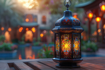 An intricately designed Ramadan lantern, glowing with vibrant colors and intricate patterns. Created with Ai