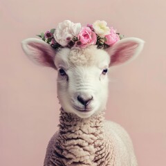 White Lamb with Flower Crown Isolated on Light Muted Pink Background