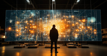 A man stands in front of an enormous screen showing data, with lights glowing behind him. The scene is set inside the smart factory hall. Created with Ai
