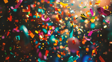 Colorful confetti flying in the air. Bokeh background
