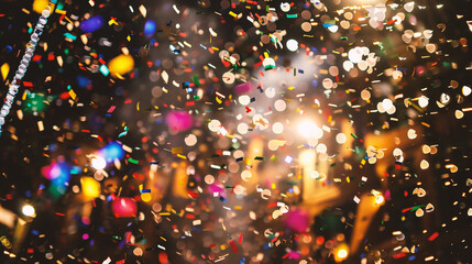 Colorful confetti flying in the air. Bokeh background