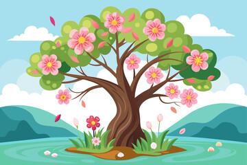 Fototapeta premium Charming trees with colorful flowers bloom beautifully against a crisp white background.