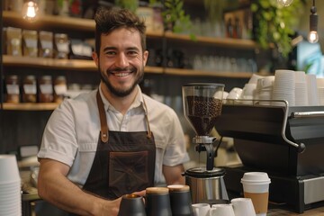 friendly barista greeting customers with warm smile and fresh cup of coffee lifestyle portrait - obrazy, fototapety, plakaty
