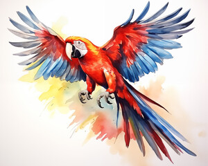 Watercolor painting of marcaw. Macaws are classified as large hook-beaked birds. They are very popular as pets because they have beautiful colors and can imitate human voices.