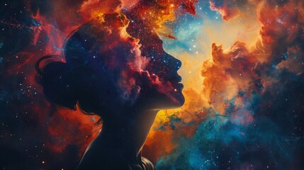 A colorful space scene with a person's face in the middle - obrazy, fototapety, plakaty