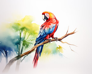 Macaws are classified as large hook-beaked birds. They are very popular as pets because they have
 beautiful colors and can imitate human voices. Watercolor painting.