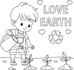Cute kawaii boy watering tree. Earth day coloring page for children. A kid planting a tree. Save the planet. Zero waste. Black and white cartoon character vector illustration.