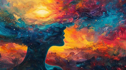 A colorful space scene with a person's face in the middle