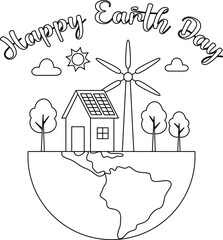 Cute earth day coloring page. Eco house, wind turbines, solar panels. Environment friendly home line concept with trees. - obrazy, fototapety, plakaty