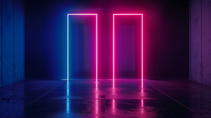 A dark room with a blue and pink light shining through a doorway. The light is creating a smokey effect