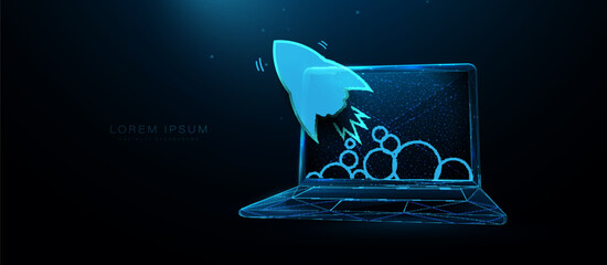 Laptop with a rocket. Social media marketing. Business startup. Low polygonal, wireframe, and mesh illustration