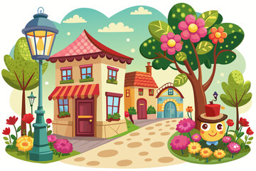 Charming street cartoon adorned with vibrant flowers against a pristine white background.
