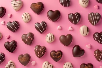 Assorted heart-shaped chocolates on a pink background.