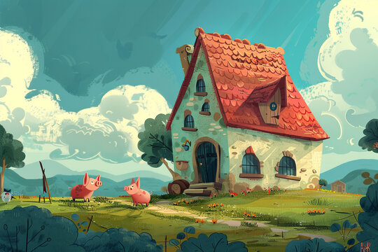 A small cottage in the middle of a green field. There are two pigs standing in the grass in front of the cottage. The cottage has a red roof and a blue door. The sky is blue and there are some clouds
