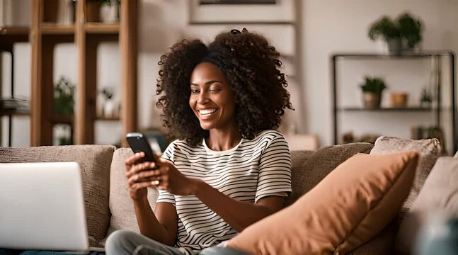 Enthusiastic African American Woman Enjoying Smartphone Connectivity in Cozy Living Room Setting