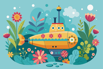 Charming submarine decorated with vibrant flowers against a backdrop of cerulean waters.