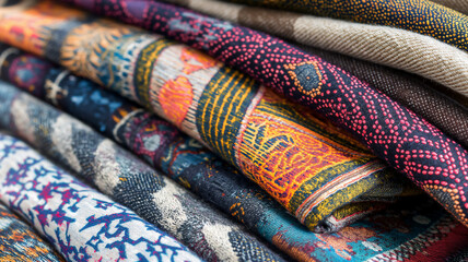 Stack of assorted colorful fabrics with intricate patterns.