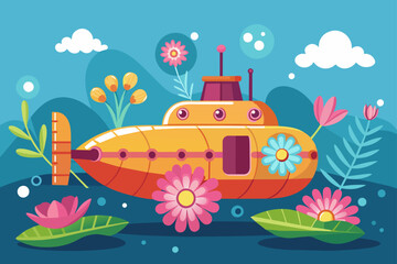 A charming submarine is adorned with colorful flowers against a backdrop of vibrant colors. - obrazy, fototapety, plakaty