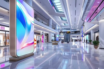 futuristic digital signage display in modern shopping mall atrium 3d rendering - obrazy, fototapety, plakaty