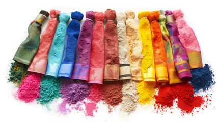 Colorful pigment powders spilling from squeezed paint tubes, creating a vibrant, artistic display.