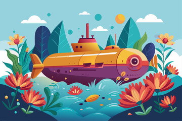 A captivating submarine adorned with vibrant blooms, set against a tranquil backdrop.