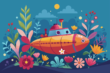A submarine adorned with a captivating display of flowers rests serenely on a backdrop of tranquil waters.