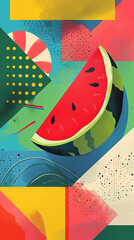 A watermelon on a blue background with a yellow square in the corner and a red circle with white dots.