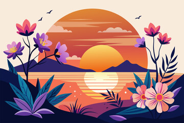 A charming sunset with vibrant flowers blooms against a pristine white backdrop.