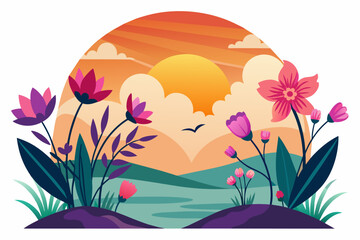 Obraz premium Sunset with charming flowers blooming gracefully on a white background.
