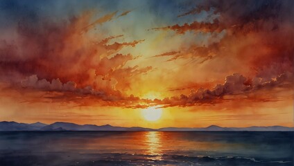 Fototapeta na wymiar A watercolor painting of a sunset, with rich, colorful paints blending into a warm sky Generative AI