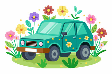 Charming cartoon SUV decorated with vibrant flowers, posing gracefully on a white background.