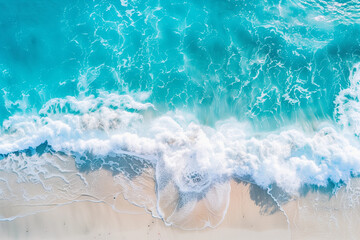 Above drone photography of rough aqua blue white surf waves beach shore aerial view scenic sand...